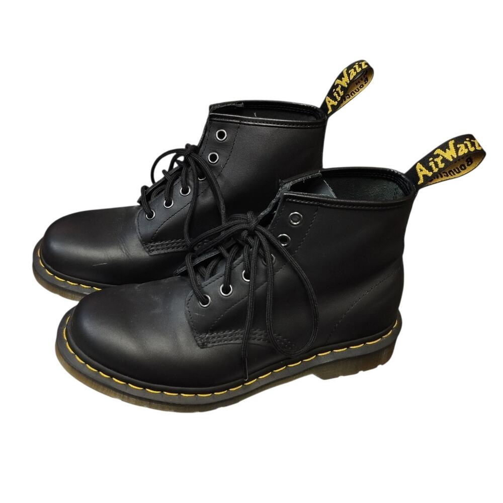 Dr Martins 101 Yellow Stitch Smooth Leather Ankle Boots Womens 8 Mens 7 Black